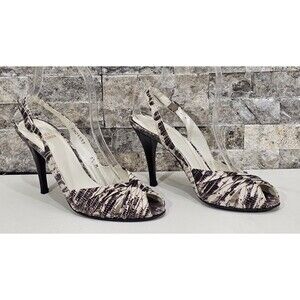 Stuart Weitzman Slingback Heels Peep Toe Leather Snake Neutral Old Money 6.5M